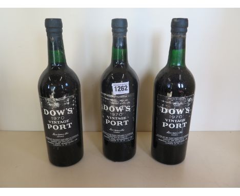Three bottles of Dows 1970 vintage port, levels to base of neck 