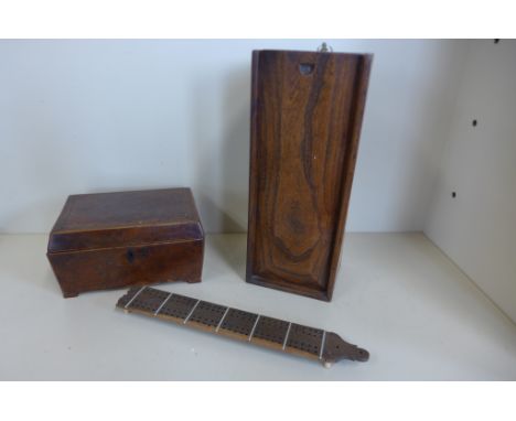 A 19th century burr wood box, an elm candle box - 32cm tall and a cribbage board 