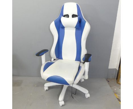A contemporary gaming chair, with LED lighting and swivel and rise and fall mechanisms.Some marks to surface, otherwise good 