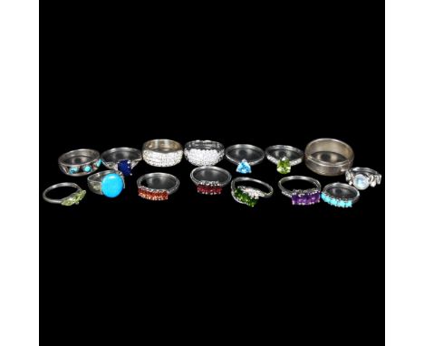 A collection of 15 modern silver and stone set dress rings 