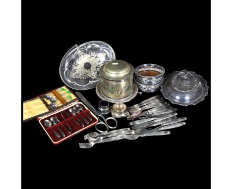 Silver plated biscuit barrel on integral stand, pair of wine coasters, cutlery, entree dish and cover, etc (boxful) 