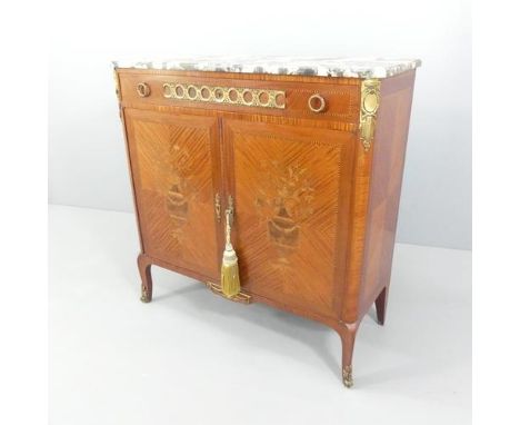 A French Louis XV style marquetry inlaid kingwood and Breche Romani marble topped meuble d'appui cabinet, with dentil banding