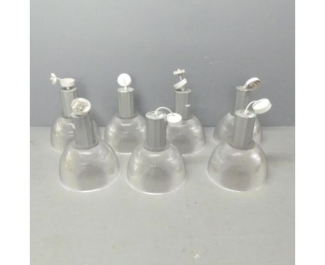 Seven various industrial style pendant lights, labelled for Compact. Diameter 32cm. 