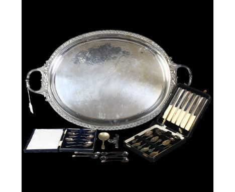 A cased set 6 silver teaspoons, an oval 2-handled silver plated tea tray, W70cm (1 foot loose), cased cutlery etc 