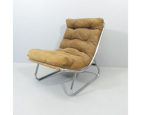 PETER HOYTE - A mid-century lounge chair, with original button-back brown corduroy upholstery on canvas sling with tubular ch