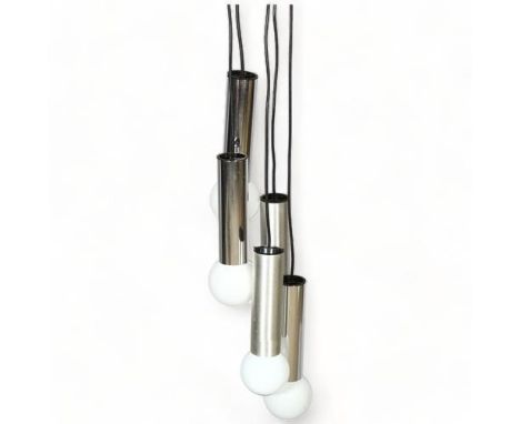 A 1970s' five branch pendant ceiling light fitting, with brushed and smooth aluminium covers over globe bulbs, drop 136cmSign