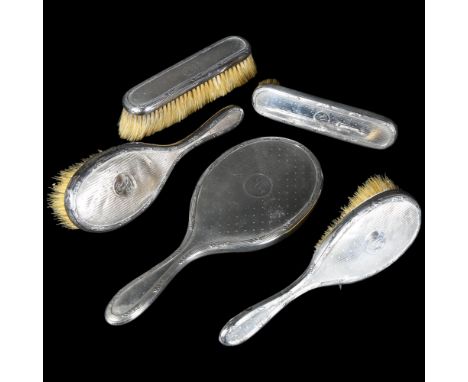 An Edward VII engraved silver-backed 5-piece dressing table brush and mirror set, hallmarks for London 1909, maker's marks fo