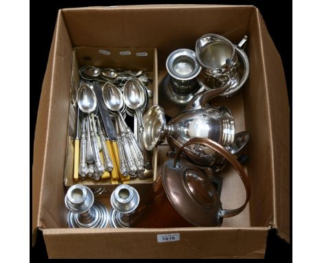 Silver plated teaware, cutlery, pair of pewter candlesticks, copper water jug, etc (boxful) 