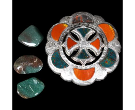 A silver Celtic design cross brooch, inset with agate and bloodstone panels, W53mm (1 stone missing), and 3 single loose ston