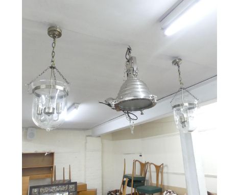 A pair of Laura Ashley bell jar pendant ceiling lights with etched glass shades, and another industrial style pendant light i