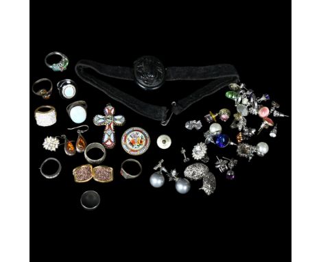 A group of silver and other costume jewellery, including a micro-mosaic cross, dress rings, earrings, an oval jet pendant cho