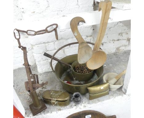 A quantity of miscellaneous items including a 19th century sycamore ladle, a brass pan, a pestle and mortar etc. 