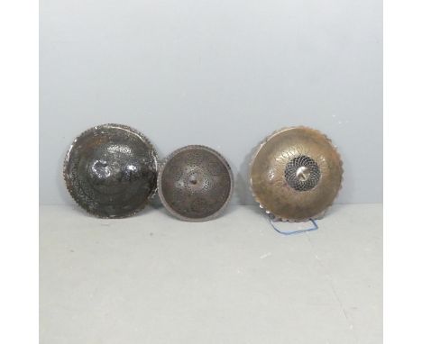Three various pierced metal light shades. Largest diameter 48cm. 