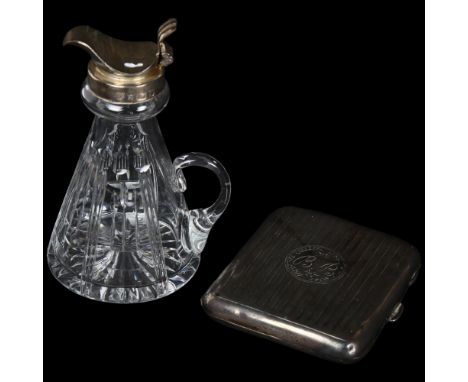 An engine turned silver cigarette box, and Royal Brierley  cut-glass and silver-mounted oil jar (2) 