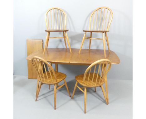 ERCOL - A Windsor draw-leaf dining table, 153x72x90cm (extends to 225cm), and four matching chairs.All chairs are firm in the