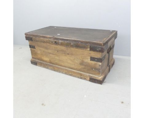 A vintage stained pine tool chest, with metal mounts and tray fitted interior. 106x46x54cm. 