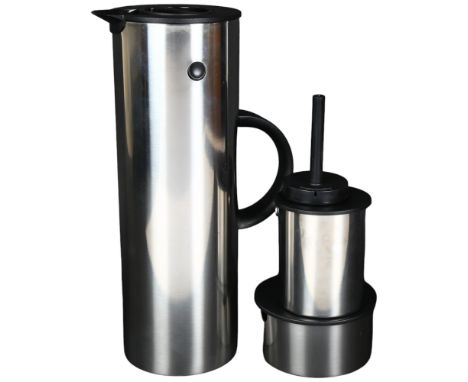 ERIC MAGNUSSEN for STELTON, DENMARK - a 3-piece stainless steel set, including a vacuum jug EM no. 77, creamer and sugar, box