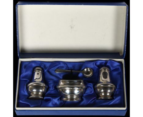 An Elizabeth II silver 4-piece cruet set, in original box, hallmarks for Birmingham 1988, maker's marks for Harrison Brothers