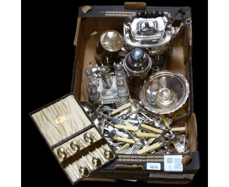 A quantity of mixed silver plated flatware, a spirit kettle on stand, condiment set, cutlery, cocktail shaker etc (boxful) 