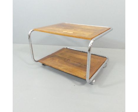 AVERSKOGS INDUSTRIER - A Swedish mid-century modern light oak two-tier drinks trolley on tubular metal frame, with maker's la