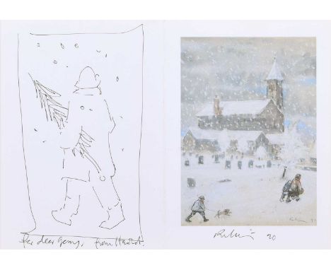 Harold Riley (British 1934-2023) Christmas card with sketch Signed, dated '90 and dedicated in ink in the margins, hand embel