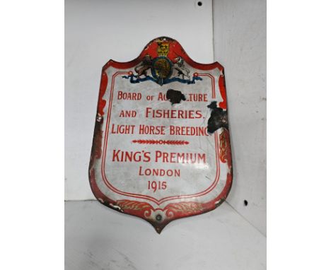 Enamel sign shield for light horse breeding, 1915 Kings Premium. 15 x 10"