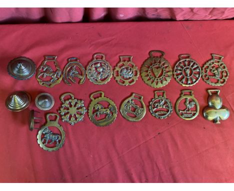 14 brasses: including horse heads, ace, tractor, squirrel, 4 rosettes and 1 misc brass