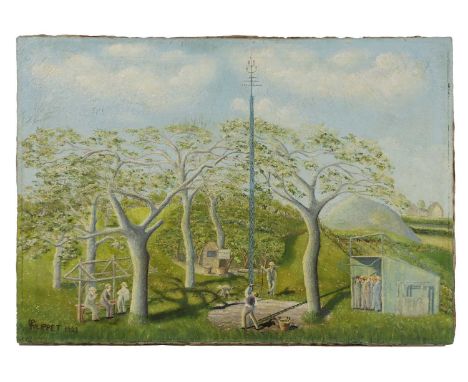 A French folk art landscape of a bizarre 'vertical pole shooting' archery competition, signed and dated 'PHILIPPET 1928' l.l.