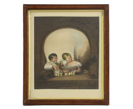 'Blossom and Decay' lithograph, 1860, an optical illusion lithograph print, after Ignatius Krausz Defeher, of two lovers with