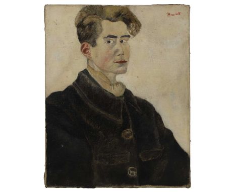 A French folk art portrait of a handsome man in a worker jacket, early 20th centuryindistinctly signed u.r., oil on canvas61 