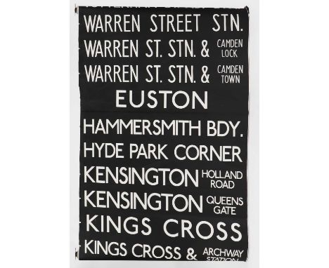 A London Bus destination blind, 1980s, listing 49 locations including Baker St Station, Camden Town, Marble Arch, Park Lane, 