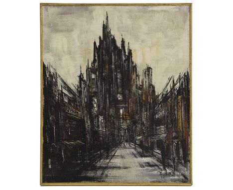 ▲ Ronald Norman Folland (1932-1999) A brutalist-style abstract street scenesigned 'Folland' l.l., with artist's label verso, 