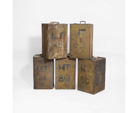 Five British Second World War petrol cans, each light olive can with a handle and a corner mounted cap, stencilled 'MT 80', a