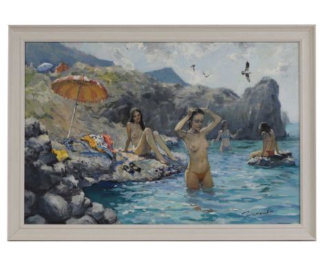 Anatoliy Demenko (Ukrainian, b.1979) Nudes bathing at the lagoonsigned l.r., oil on canvas61 x 91cmCondition ReportFramed: 70