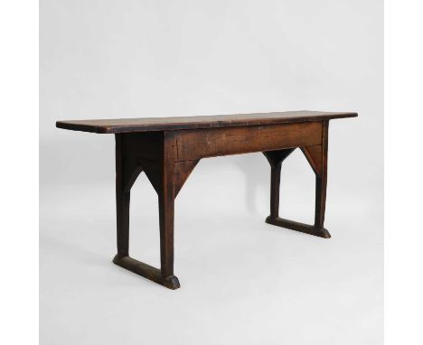 A pine mortuary table, 19th century, with a narrow plank top, raised on square supports, mounted with triangular spandrels, w