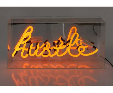 A 'Hustle' neon wall light,  modern, in a Perspex box mount, the back mirrored, 38cm wide 12cm deep19cm highCondition ReportP