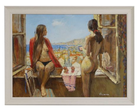Anatoliy Demenko (Ukrainian, b.1979) 'End of the Day', two nude women on a verandasigned l.r., also signed, inscribed and dat