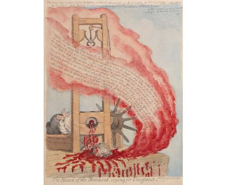 James Gillray (1756-1815) The head of King Louis XVI being cut off by a guillotine, 1793a hand-coloured etching by James Gill