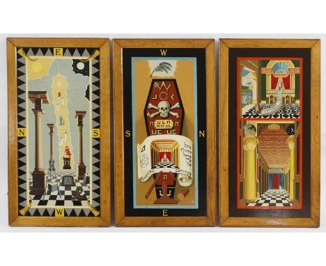 Three hand-painted Masonic Freemasonry tracing boards, early 20th century, each with stylised imagery, painted on board,84 x 