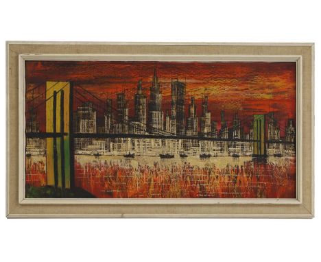 A 1960s brutalist-style painting of the New York skyline including the Brooklyn Bridgeindistinctly signed 'M. Re..mark' l.l.,