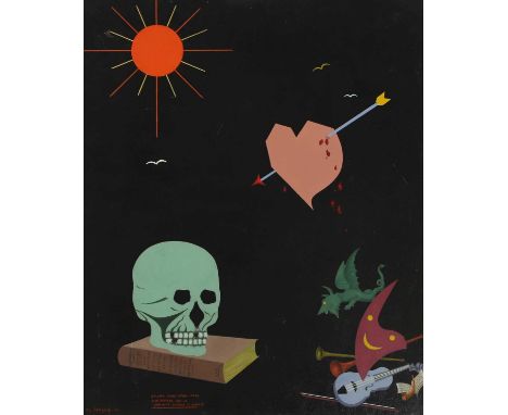 T H Caviglia (20th century) An unusual memento mori painting with skull, dragon, sun and heart signed 'T H-Caviglia-1966' l.l