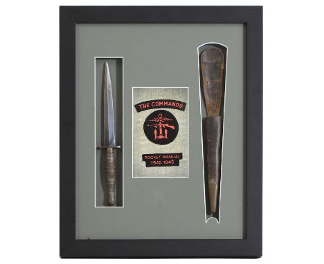 A Fairbairn-Sykes Second World War commando dagger and leather sheath, mounted in a modern ebonised case, with an olive mount