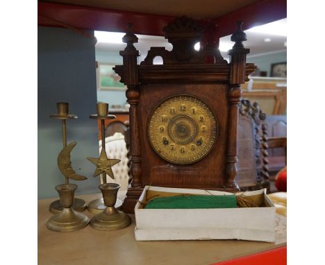 2ÿ Masonic brass candlesticks together with 2 others, a masonic sash and an Ansonia New York wooden mantle clock 