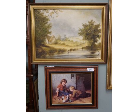 Oil on board signed Batchelor together with a print by Felix Schlesinger 'Feeding the Rabbits' 