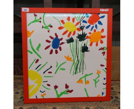 Framed cotton fabric screen print designed by Pablo Picasso for Bloomcraft fabrics of New York 1963 - Approx image size: 48cm