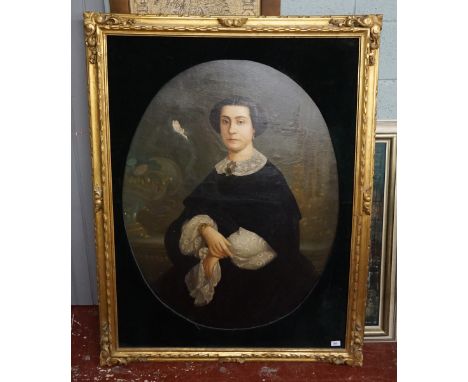 Large antique oval oil on canvas portrait of a Spanish lady - Approx image size: 86cm x 110cm 