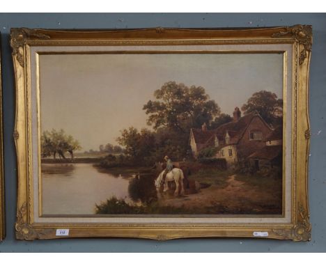 Oil 19thC horse &amp; figure at riverside signed R Douglas - Approx image size: 75cm x 50cm 