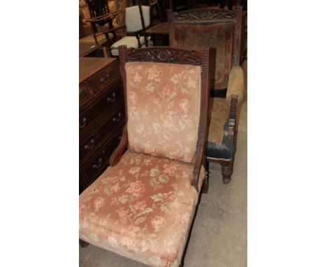 A pair of Victorian upholstered chairs, three oak dining chairs, a commode and a drawleaf table