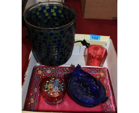 An art glass vase, two items of ruby glass and a pressed blue glass miniature tureen and cover