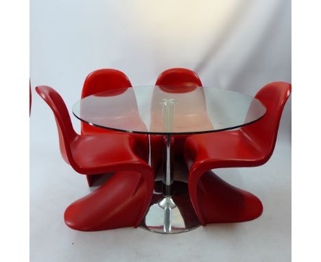 A set of four Verner Panton style red S - Chairs by Dwell together with a circular glass dining table on chrome base 